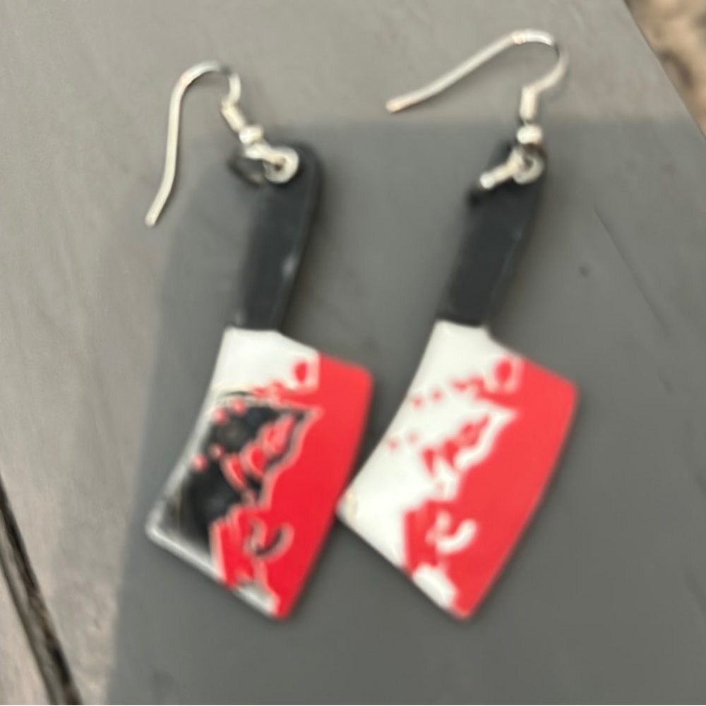 Halloween, bloody, Meat cleaver earrings.